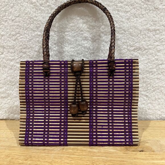 Rattan Woven Purple  Purse Handbag w/ Handmade Beaded Closure & Braided Handles - Picture 1 of 16